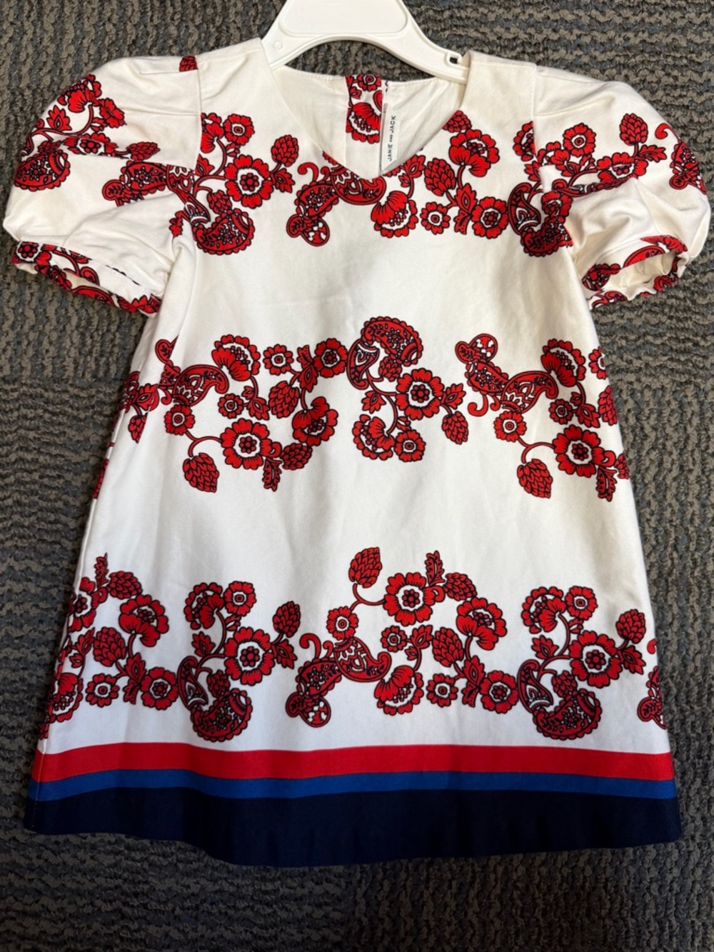 Janie and Jack White Dress with Red Floral Border and Navy Trim
